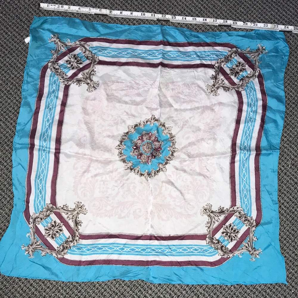 Turquoise and Cream Decorative Square Scarf with Ornate Medallion - Unbranded